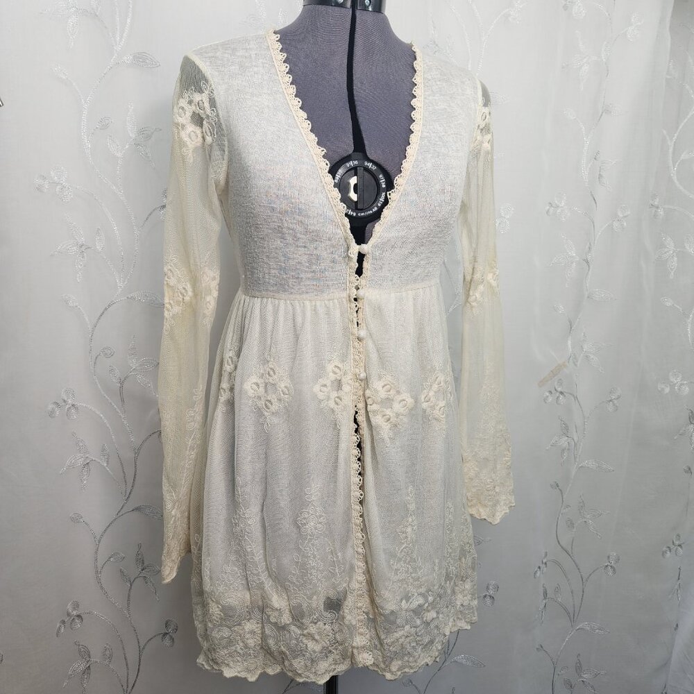 A'Reve Cream Colored, Elegant, Lace Cardigan.